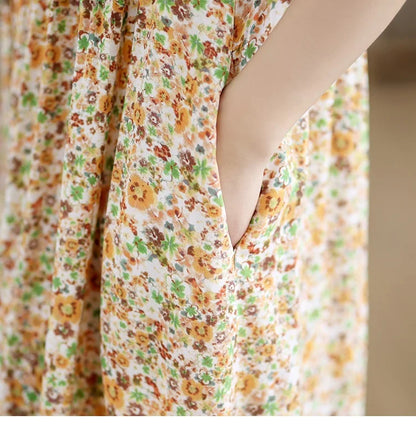 Kurzarm übergroße Baumwolle Satin Vintage Blumen neu in Kleidern für Frauen lässig lose lange Sommerkleid elegante Kleidung.