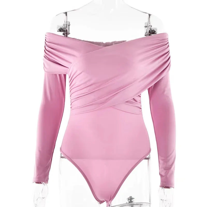 New Solid Sexy Off Shoulder Bodysuits Women Fashion Crossed Folds Skinny Rompers Long Sleeve Fashion Streetwear Autumn Bodysuits
