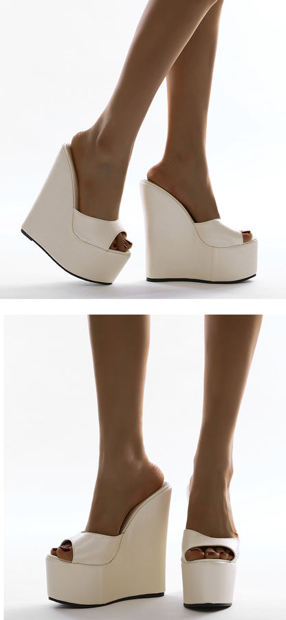 Aneikeh 2025 Fashion Peep Toe Wedges Heel Outside Women Slippers Concise PU Platform Slip On Summer Beach Mules Apricot 35-42.