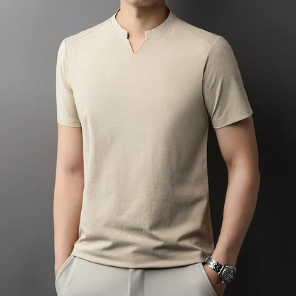 Korean Men's Casual and Fashionable Small V-neck Solid Color Short Sleeved T-shirt Comfortable Summer Versatile Top