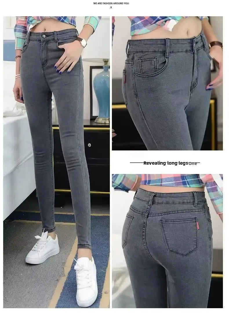 High Waist Slim Fit Women's Jeans High Elasticity Spring Autumn Black Pencil Pants Korean Style plus Size Body Shaping.