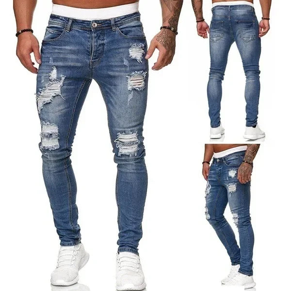 Zerrissene mittlere Taille Slim Fit Herren Jeans Vintage Denim Punk Wash Solid Punk Style Skinny Bleistifthose Distressed Holes Knöchellänge.