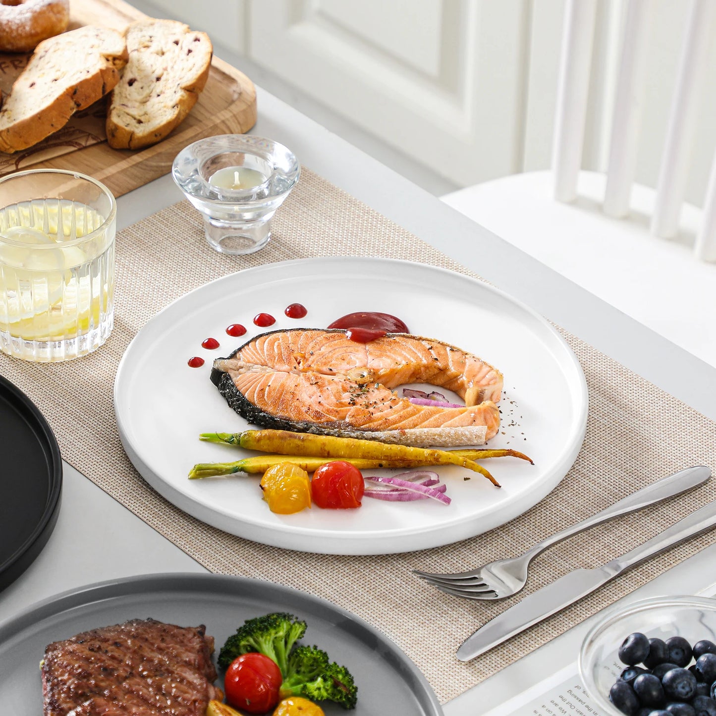 VANCASSO 6Piece Beige/WHITE/BLUE/Dark Blue/GREY/Black Stoneware Tableware Set with Dinner/Dessert Plate/Bowl For 6 Person.