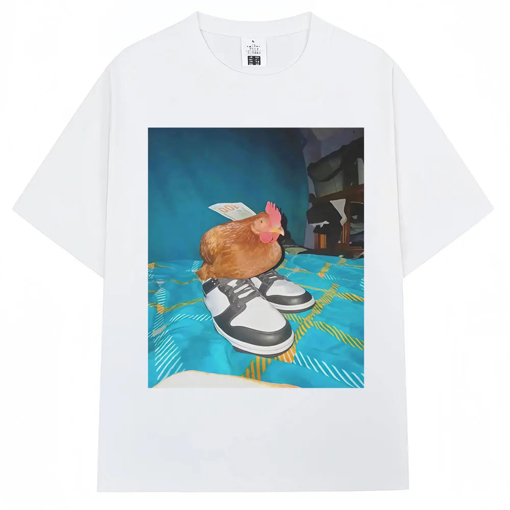 Funny Dripped Out Chicken Meme Print T-shirts Humor Chicken with Shoes Men Women T Shirt Creativity Popular Loose Cotton T-shirt