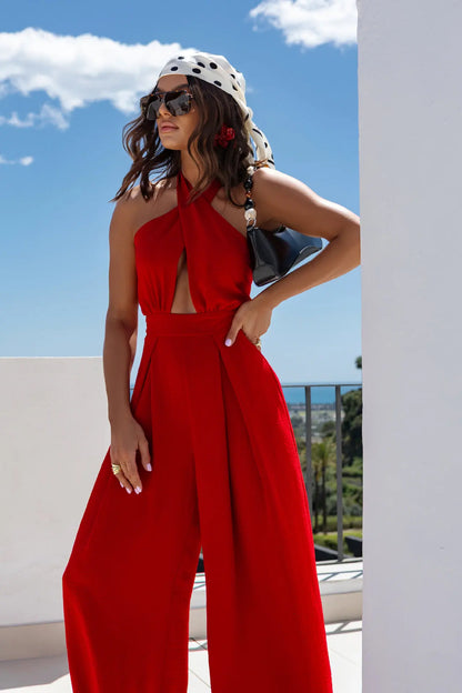 Sexy Backless Halter Neck Sleeveless Bandage Jumpsuit Summer Women Fashion Red Black Hollow Out Wide Leg Jumpsuits Streetwear.