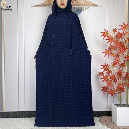 2024New Pure Cotton Ramadan Muslim Two-Hat Abaya Dubai Turkey Islam Prayer Clothes Loose Robe Islamic Women Traditional Clothing