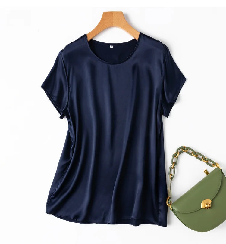 Women 100% Mulberry Silk 19 Momme half sleeve Crew Neck Top Shirt Blouse T-shirt More Colors M L XL MM4270.