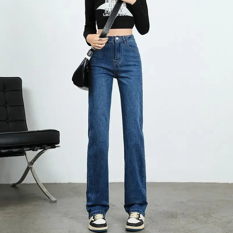 High Waist Elastic Denim Pants Straight Narrow Versatile High Waist Slimming Straight Tube Pants for Spring Autumn New Arrival.