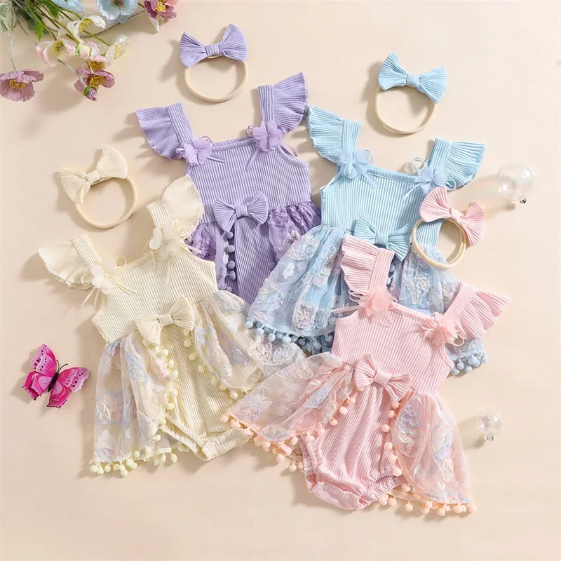 0-18M Kleinkind Baby Mädchen Sommer Strampler Kleid Nette Rüschen Ärmellose Square Neck Blume Body mit Stirnband Set neugeborene Kleidung.