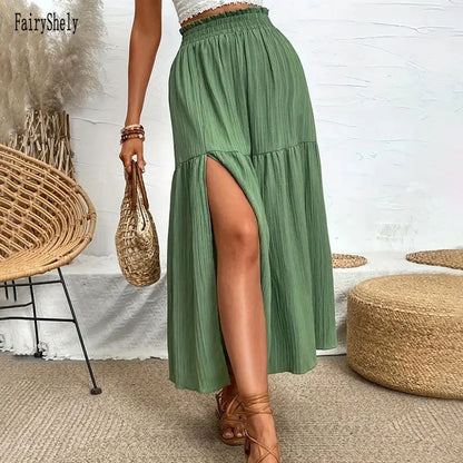 Fairyshely Casual Green Split Long Skirt Women 2025 Summer Ruffle High Waist Midi Skirt Lady Elegant Solid A line Pleated Skirt.