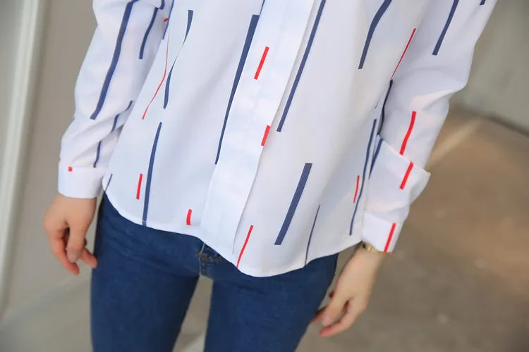 Stripe Women Blouse Fashion Standing Collar Women's Shirt Long Sleeved Shirts and Blouses Printing Ladies Tops Basic Womens Tops.