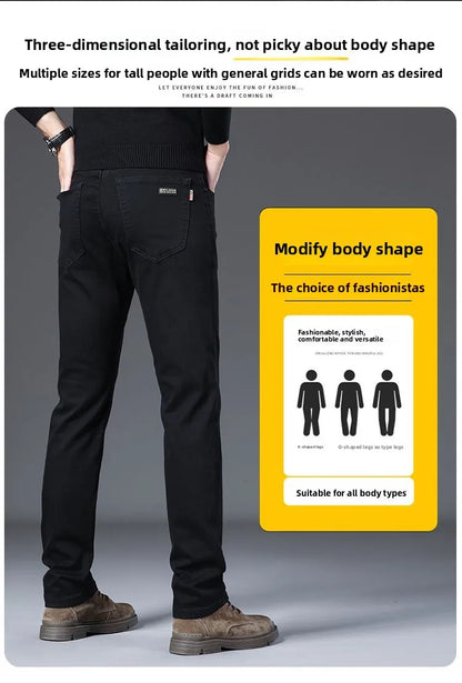 New Style Jeans Black Men's Slim Korean Style Comfortable Straight Leg Elastic Mid Waist Pants Autumn Winter Casual Denim Pants.