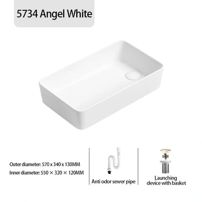 Rechteckiges Waschbecken aus Porzellan-Keramik für Badezimmer, modernes Waschbecken über der Theke mit Abflussset, Waschtischwaschbecken auf der Arbeitsplatte