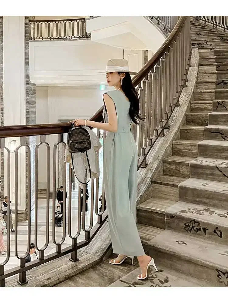 Slimming High Waist Wide Leg Pants Korean Style Fashionable Women's One-Piece Jumpsuit Summer New Arrival Simple Elegant.