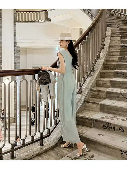 Slimming High Waist Wide Leg Pants Korean Style Fashionable Women's One-Piece Jumpsuit Summer New Arrival Simple Elegant.