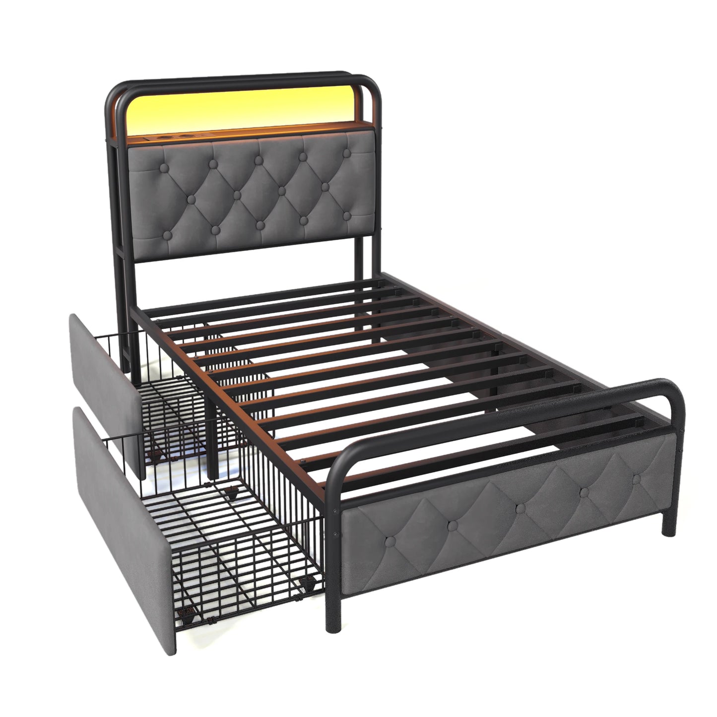 KOMHTOM Einzelbett 90x200 cm Samt - USB Type C Ladefunktion, APP-Control LED, 2 Schubladen, ohne Matratze