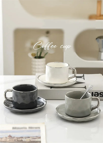 230ml European Style Coffee Cup with Saucer and spoon Ceramic mug Solid Color Tea Cup and Saucer Set Afternoon Tea Milk Cup.