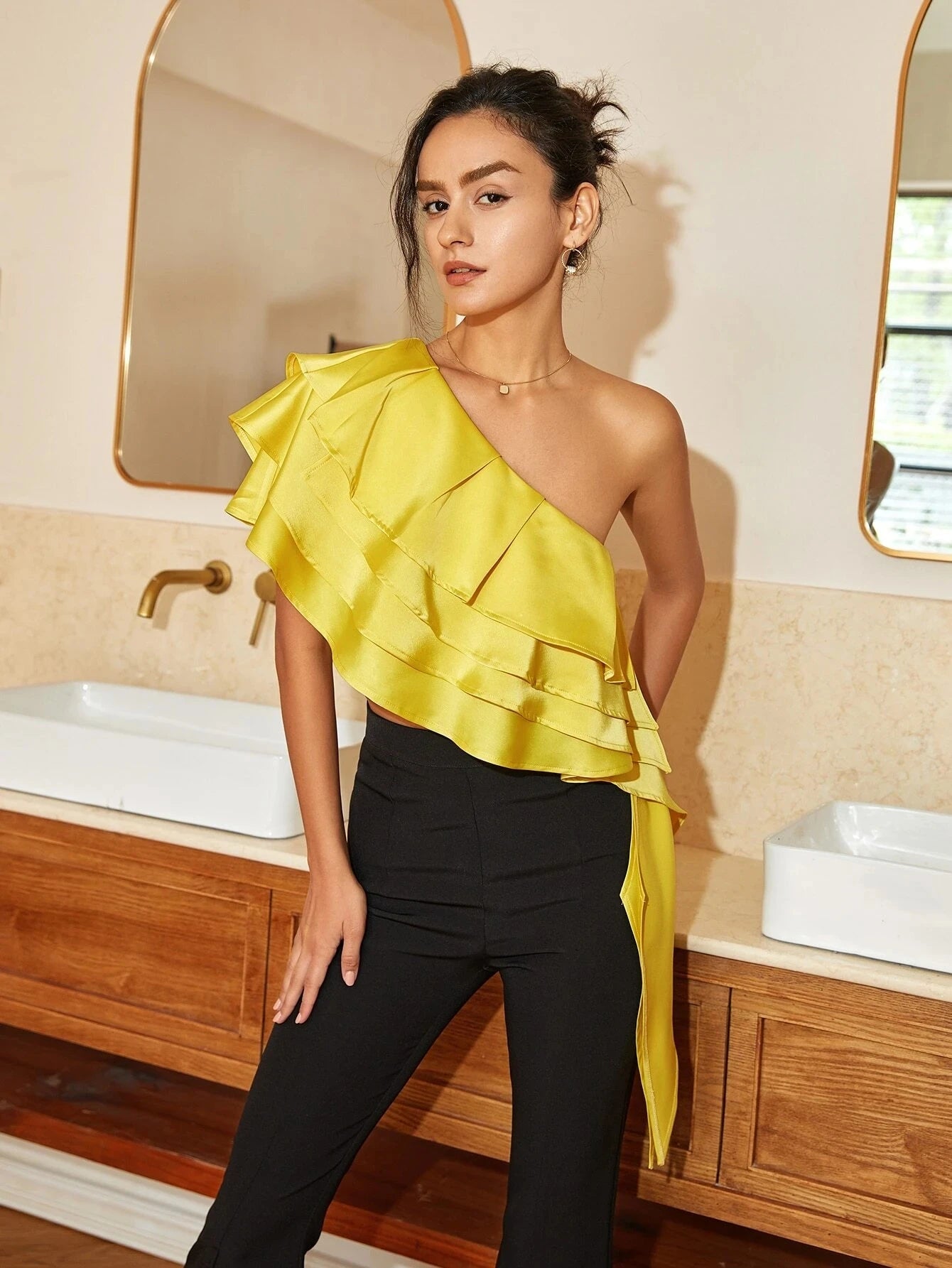 AEL Women's One Shoulder Layered Trim Side Draped Top.