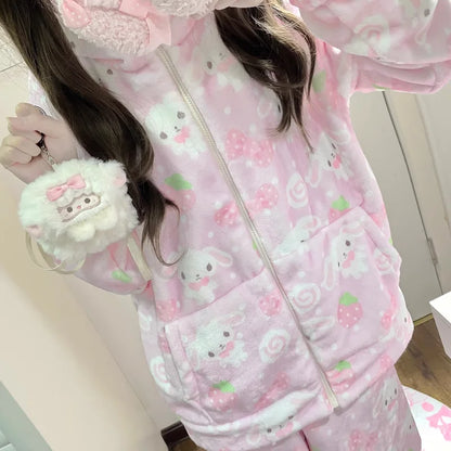 Japanese New Winter Sweet Cute Cartoon Rabbit Flannel Pajamas Set Daughter Girls Pink Thickened Loungewear Women's Sleepwear.