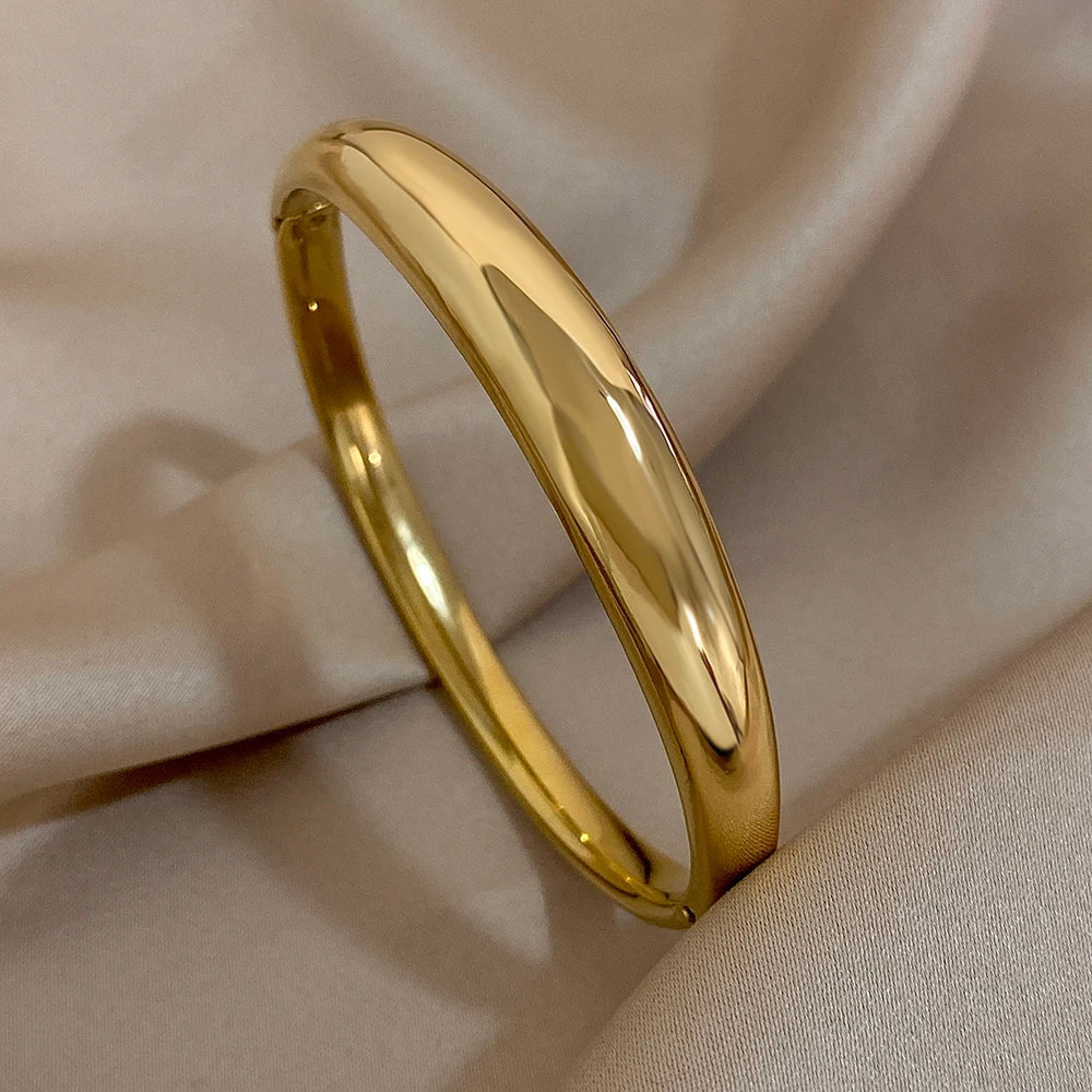 Minimalist Smooth Chunky Cuff Bangles for Women Stainless Steel Gold Silver Color Round Circle Bracelets Waterproof Jewelry.