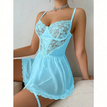 Sexy Garter Belt Mesh Lace Lingerie Dress Set With Thong.