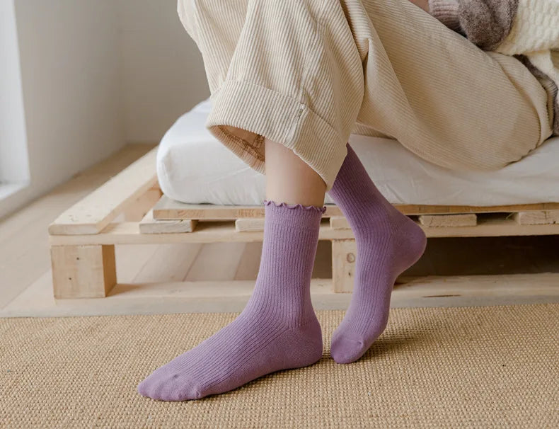 5 Pairs of Women's Solid Color Cotton Socks Japanese Style Ruffle Stacked Socks Cute Laciness Women's Long Socks.