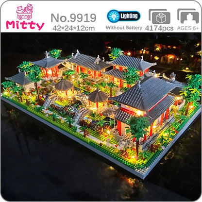 Lezi Architecture Ancient Pavilion Temple Tower Lake Garden Gate LED Light Model Mini Diamond Blocks Bricks Building Toy no Box.