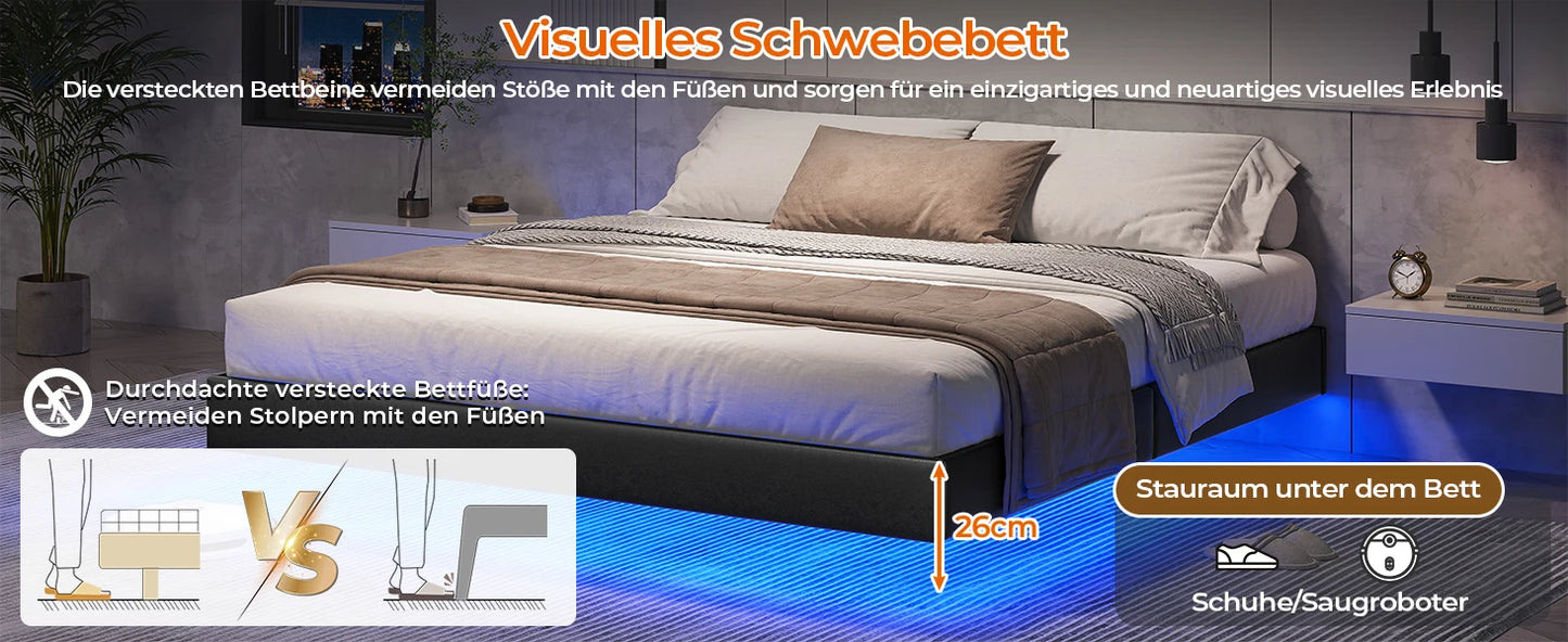 LED-beleuchtetes 180 x 200 cm großes Polsterbett mit Gestell, Gitterbettgestell, schwebender schwarzer Bettrahmen für Schlafzimmer