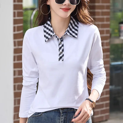 European station lapel long sleeved t-shirt women's new high-end fashion light luxury casual plus size spring and autumn top