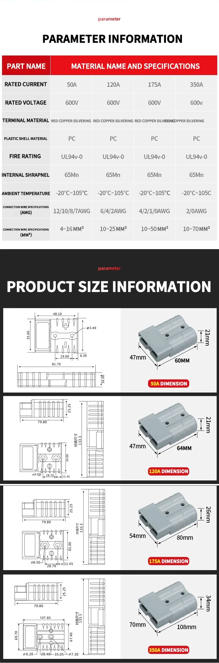4Pcs Anderson Plug 50A/120A Power 2 Pin Battery Connector Charging Plug  Anderson Connector.