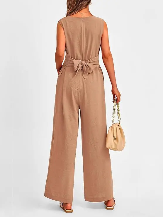 Summer High Waist Lace-up Jumpsuits Women 2025 New Sleeveless V-neck Side Pocket Solid Casual Jumpsuit Office Ladies Rompers