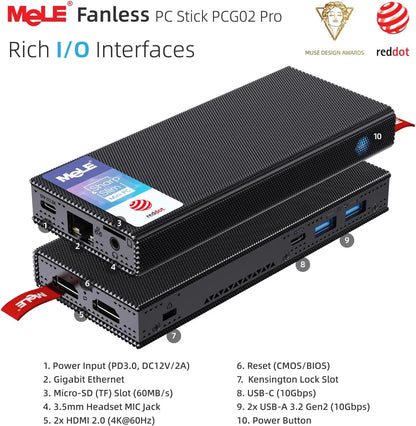 MeLE PCG02 Pro Fanless MINI PC Stick N100 8G 256G Mini Computer Dual HDMI,4266MHz LPDDR4,WiFi5 Gigabit Ethernet,USB Type-C PD3.0.