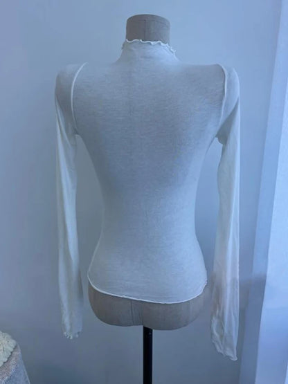 Sexy See-through T Shirt Women High Elasticity Tee Shirt Slim Thin Ruffled Turtleneck T-shirt Female Solid Top.