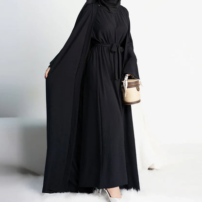 2 Piece Open Abaya for Women Long Hijab Dress Ramadan Eid Crepe Islamic Clothing Dubai Turkey Party Kaftan Outfit Muslim Set.