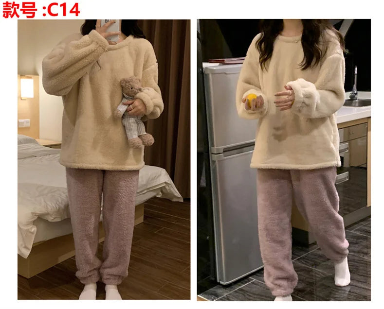 Winter Fleece Women Pajamas Set  Sleepwear Solid Velvet 2 Piece Pant Home Suit Fluffy Casual Warm Flannel Night Wear.