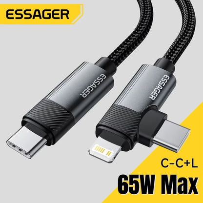Essager 2-in-1 Right Angle Cable PD 65W 29W Fast Charging Elbow Data Cable For iPhone 15 14 13 MacBook Lenovo Asus Dell iPad Pro.