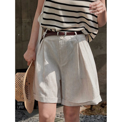 Summer Korea Style Lazy Linen Curled Bermuda Shorts Wide Leg Loose Slim Casual Hot Pants For Women