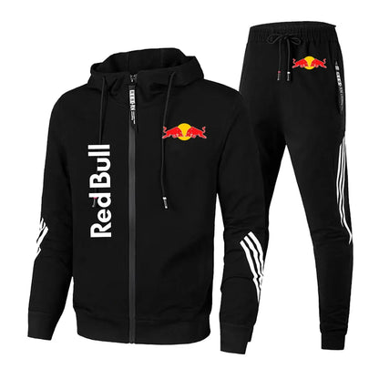 2025 Red Bull Brand Logo Printed Men's Zipper Hoodie With Casual Trousers Cycling Sports Two-piece Solid Color Simple Men's Suit.