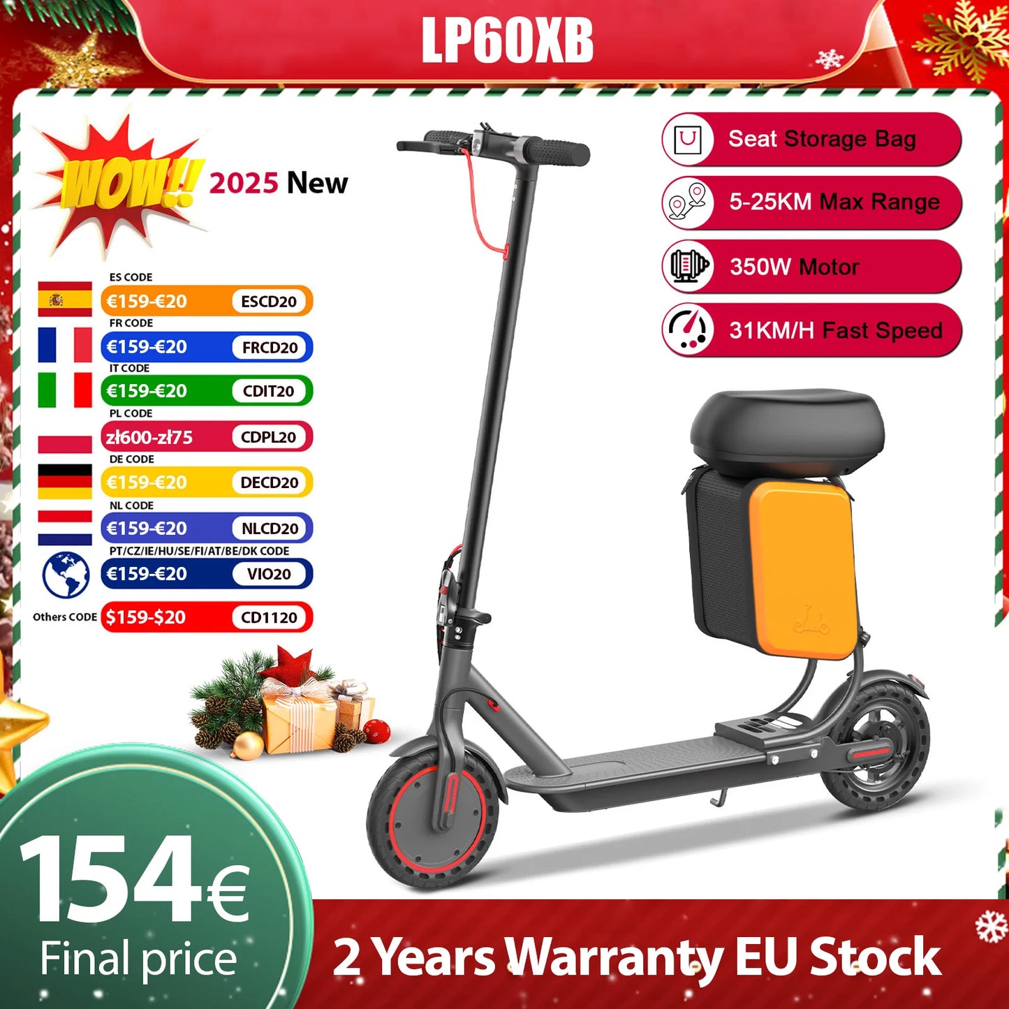 LP60XB Updated Seat Storage Box Electric Scooter 25KM Longe Range Power Kick Scooter Tire Shock Absorption 350W 31KM/H Scooter.