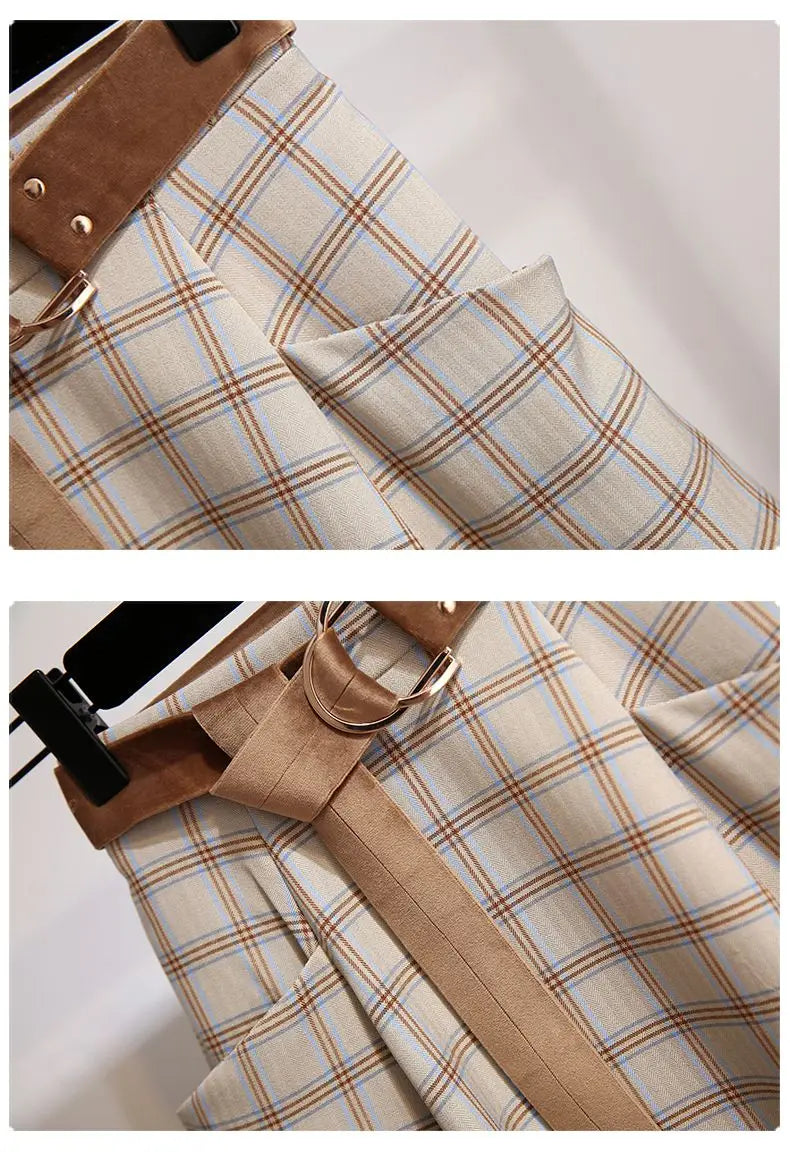 Plaid Vantage High Waist A-line Loose With Belt Pocket Women's Skirt Korean Fashion Mid-Calf Long Skirts For Women 2024 Spring.