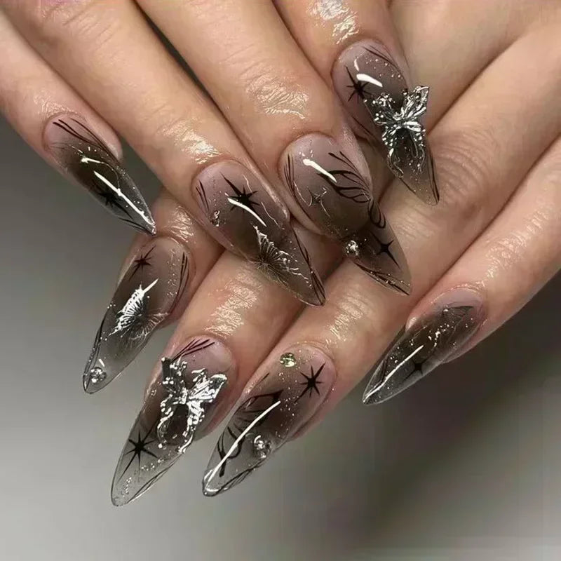 24Pcs False Nails Spicy Girl Silver Bow with Diamond Fake Nails with Glue Almond Press on Nails Black Cool Y2k Almond Nail Set