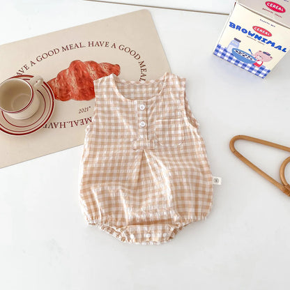 2024 Sommer Baby kleidung Plaid Kleinkind Jungen Mädchen Bodysuit ärmel los einteiliges Kleinkind Outfit.