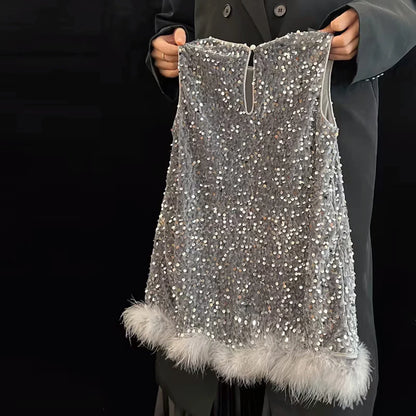 Pailletten Mädchen Prinzessin Kleid Grau Rundhals Ärmellose Feder Weste Kleid Kinder Geburtstag Party Kleid Performance Kleid.