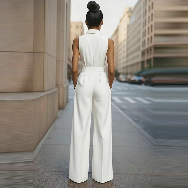 Elegant Lapel Collar Commuter Long Jumpsuits Women Casual Sleeveless Solid Romper Office Fashion Button Lace-Up Waist Playsuits.