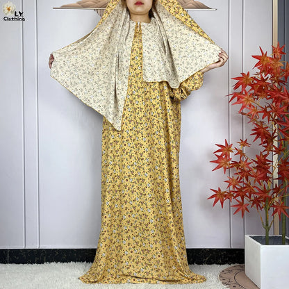 New Muslim Long Sleeved Cotton For Women Ramadan Prayer Turkey Middle East Femme Robe Floral Loose African Abaya Dress Scarfs