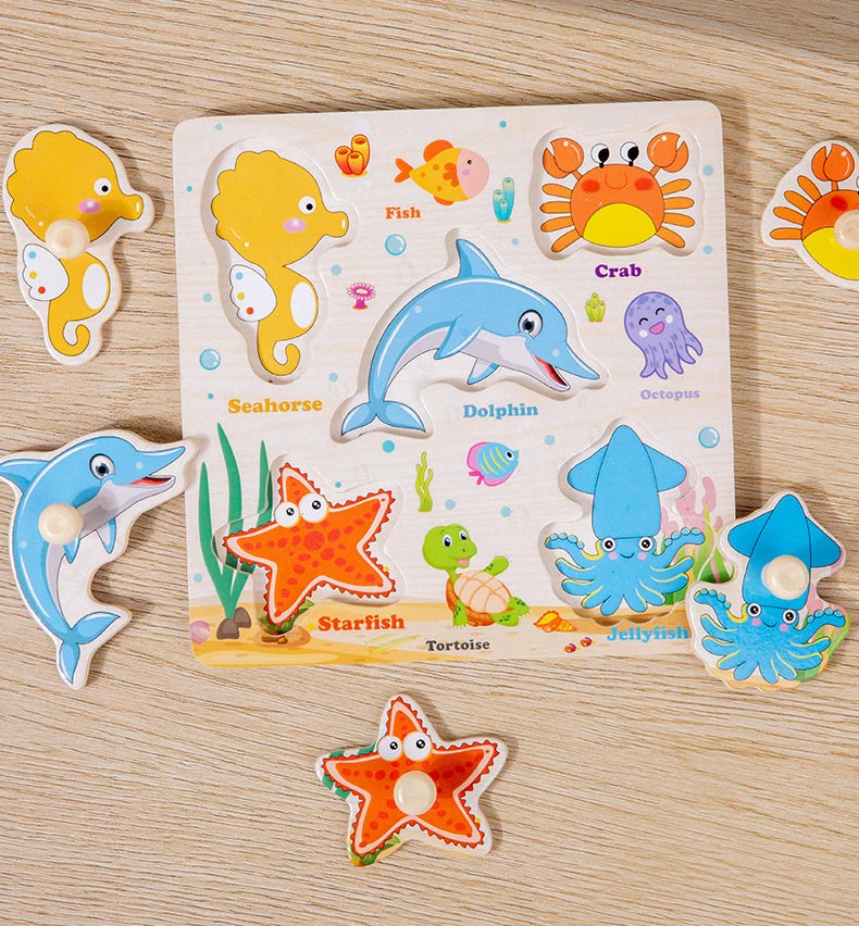 Montessori Baby Toys Wooden 3d Puzzle Cartoon Animal Intelligence Jigsaw Puzzle Early Learning Educational Toys for Children.