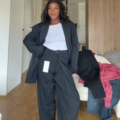 Fashion Line Suit Jackets Pants Sets Women Loose Lapel Double Breasted Blazer Pleated Wide Leg Pant 2025 Autumn Lady Office Suit.