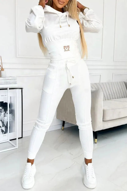 Casual Solid Color Hooded Slim Long-sleeved Top And Wide-sleeved Pants Suit Women 2025 Spring Top Lace-up Pants Suit For Women.