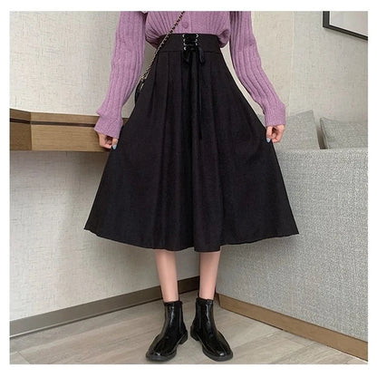 Preppy Style Vintage Long Skirts Women High Waist Sweet Loose A Line Skirt Lace Up Retro Fall Winter Female Elegant Long Skirts.