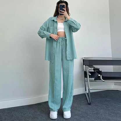 New Autumn Red Women Casual Two-piece Set, Features A Thin Long-sleeved Lapel Shirt Paired with Matching Drawstring Trousers.